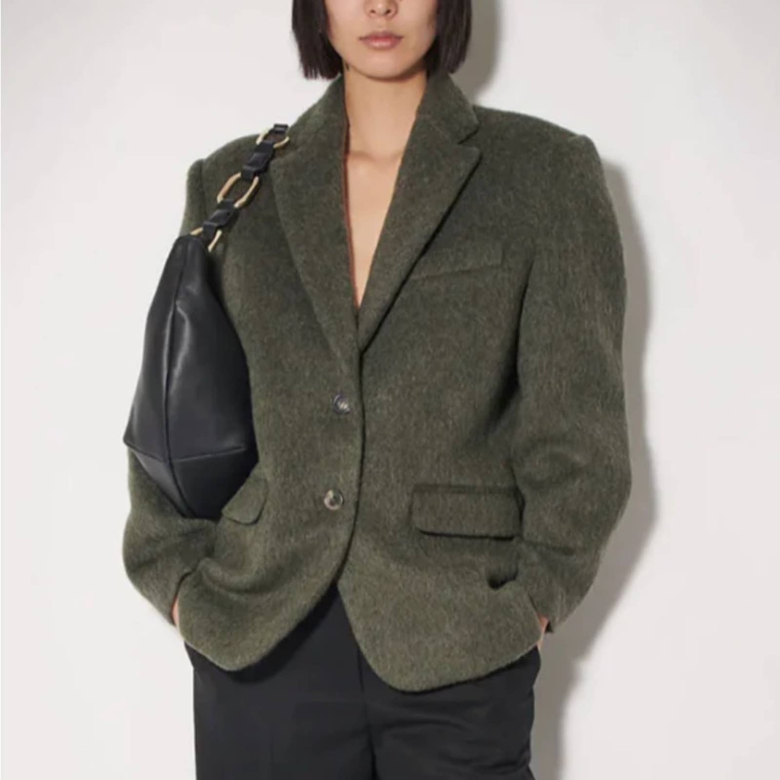 Anine Bing Quinn Blazer Dark Army Green Cashmere Blend M Nwt